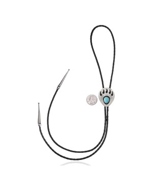 Bear Paw .925 Sterling Silver Certified Authentic Handmade Navajo Native American Natural Turquoise Bolo Tie 34105