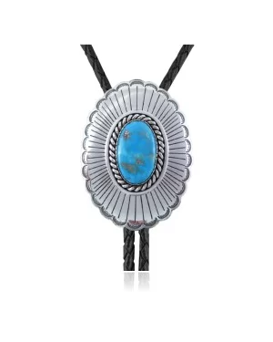 Sun .925 Sterling Silver Certified Authentic Handmade Navajo Native American Natural Turquoise Bolo Tie 34106