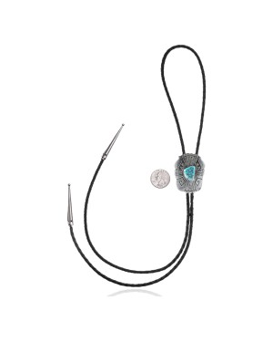 Feather .925 Sterling Silver Certified Authentic Handmade Navajo Native American Natural Turquoise Bolo Tie 34118