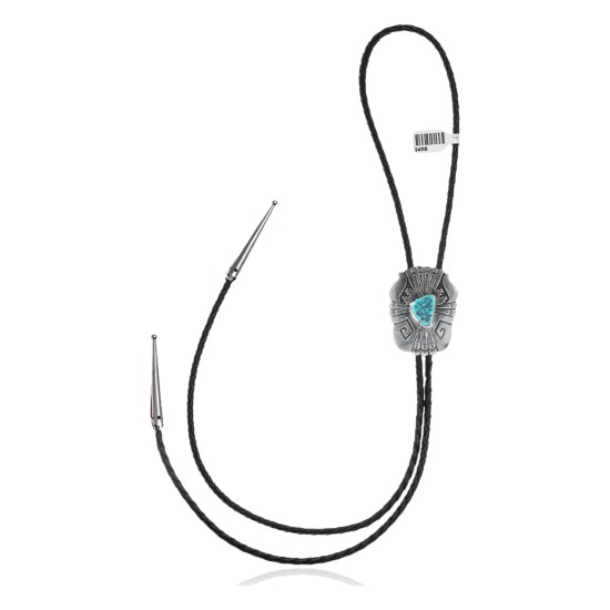 Feather .925 Sterling Silver Certified Authentic Handmade Navajo Native American Natural Turquoise Bolo Tie 34118