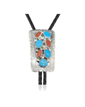 Handmade Certified Authentic Navajo .925 Sterling Silver Native American Natural Turquoise Coral Bolo Tie 34125