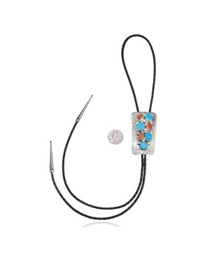 Handmade Certified Authentic Navajo .925 Sterling Silver Native American Natural Turquoise Coral Bolo Tie 34125