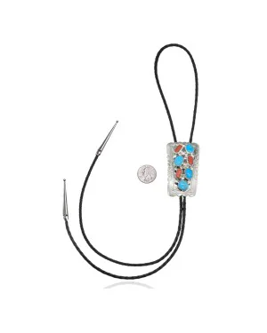 Handmade Certified Authentic Navajo .925 Sterling Silver Native American Natural Turquoise Coral Bolo Tie 34125