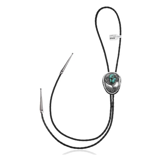 Feather .925 Sterling Silver Certified Authentic Handmade Navajo Native American Natural Turquoise Bolo Tie 34128