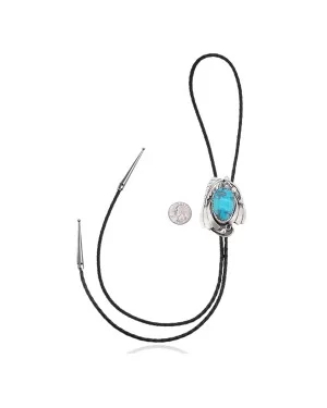 Feather .925 Sterling Silver Certified Authentic Handmade Navajo Native American Natural Turquoise Bolo Tie 34136