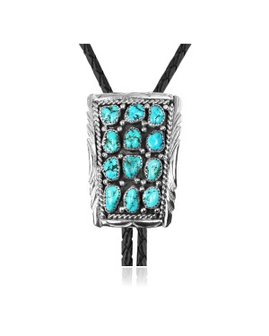 Handmade Certified Authentic Navajo .925 Sterling Silver Native American Natural Turquoise Bolo Tie 34137