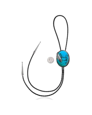 Feather .925 Sterling Silver Certified Authentic Handmade Navajo Native American Natural Turquoise Bolo Tie 34139