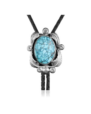 Feather .925 Sterling Silver Certified Authentic Handmade Navajo Native American Natural Turquoise Bolo Tie 34146