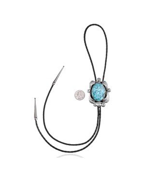Feather .925 Sterling Silver Certified Authentic Handmade Navajo Native American Natural Turquoise Bolo Tie 34146