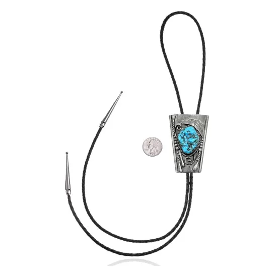 Feather .925 Sterling Silver Certified Authentic Handmade Navajo Native American Natural Turquoise Bolo Tie 34151 Feather .925 Sterling Silver Certified Authentic Handmade Navajo Native American Natural Turquoise Bolo Tie 34151
