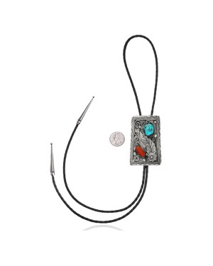 Feather .925 Sterling Silver Certified Authentic Handmade Navajo Native American Natural Turquoise Coral Bolo Tie 34142