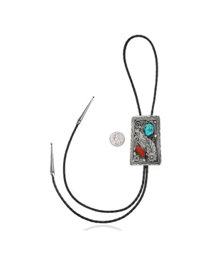 Feather .925 Sterling Silver Certified Authentic Handmade Navajo Native American Natural Turquoise Coral Bolo Tie 34142