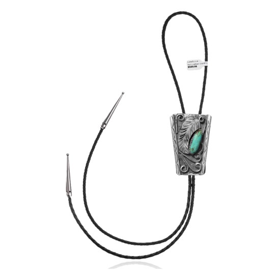 Feather .925 Sterling Silver Certified Authentic Handmade Navajo Native American Natural Turquoise Bolo Tie 34145