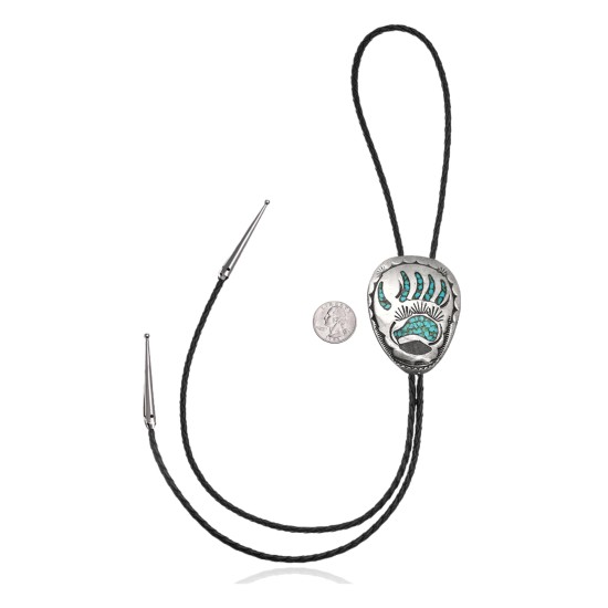 Bear Paw .925 Sterling Silver Certified Authentic Handmade Navajo Native American Natural Turquoise Bolo Tie 34153