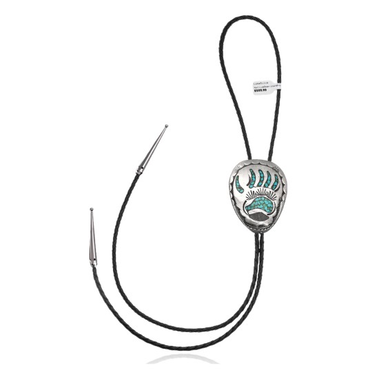 Bear Paw .925 Sterling Silver Certified Authentic Handmade Navajo Native American Natural Turquoise Bolo Tie 34153