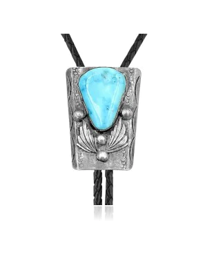 Feather .925 Sterling Silver Certified Authentic Handmade Navajo Native American Natural Turquoise Bolo Tie 34150