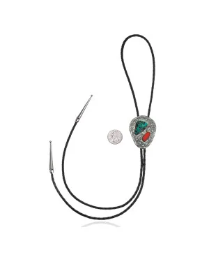 Handmade Certified Authentic Navajo .925 Sterling Silver Native American Natural Turquoise Coral Bolo Tie 34155