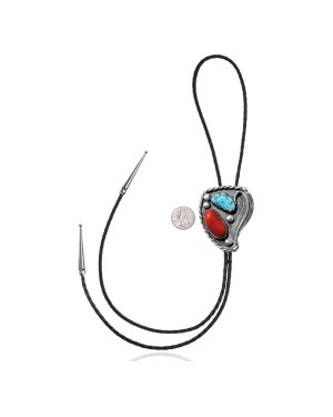 Feather .925 Sterling Silver Certified Authentic Handmade Navajo Native American Natural Turquoise Coral Bolo Tie 34160