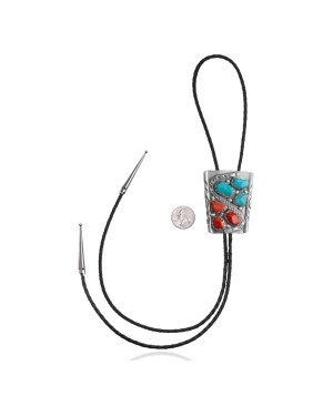 Handmade Certified Authentic Navajo .925 Sterling Silver Native American Natural Turquoise Coral Bolo Tie 34161