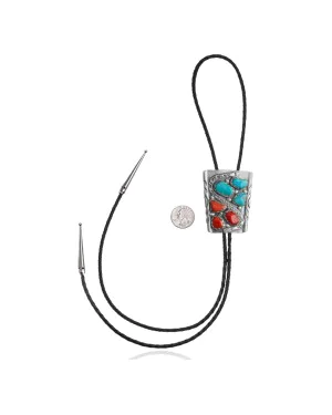 Handmade Certified Authentic Navajo .925 Sterling Silver Native American Natural Turquoise Coral Bolo Tie 34161