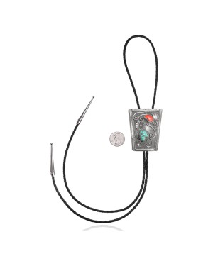 Handmade Certified Authentic Navajo .925 Sterling Silver Native American Natural Turquoise Coral Bolo Tie 34162