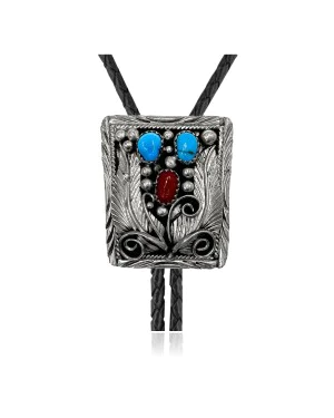 Feather .925 Sterling Silver Certified Authentic Handmade Navajo Native American Natural Turquoise Coral Bolo Tie 34164