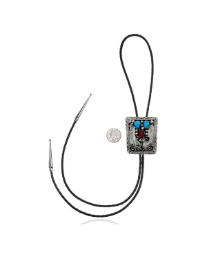Feather .925 Sterling Silver Certified Authentic Handmade Navajo Native American Natural Turquoise Coral Bolo Tie 34164