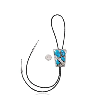 Feather .925 Sterling Silver Certified Authentic Handmade Navajo Native American Natural Turquoise Bolo Tie 34165