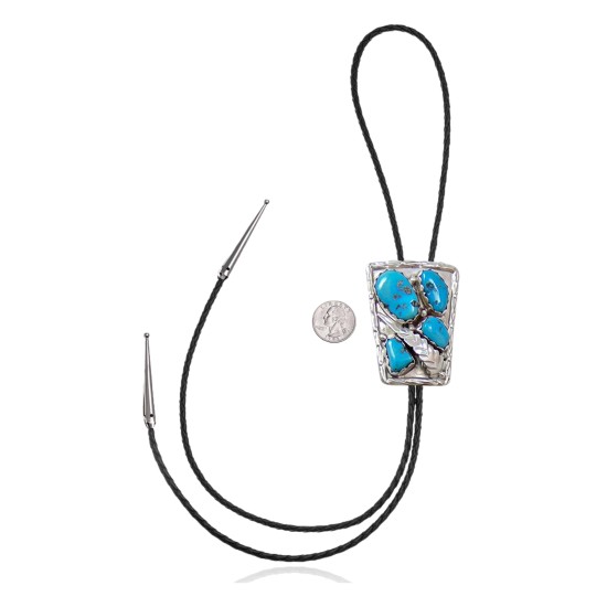 Feather .925 Sterling Silver Certified Authentic Handmade Navajo Native American Natural Turquoise Bolo Tie 34165