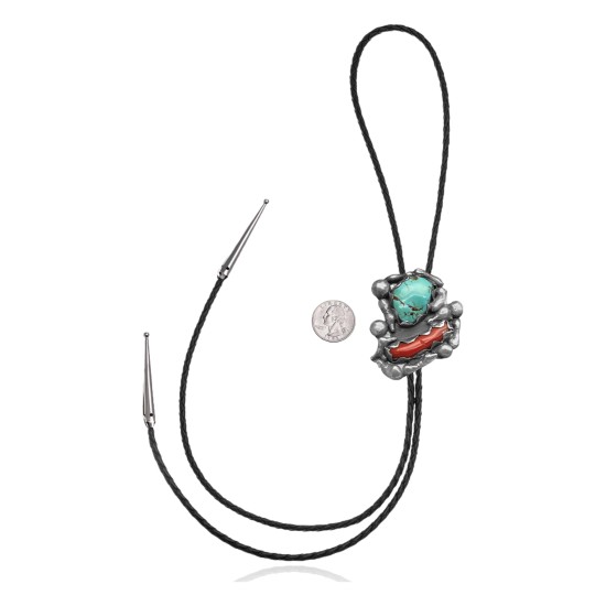 Handmade Certified Authentic Navajo .925 Sterling Silver Native American Natural Turquoise Coral Bolo Tie 34170