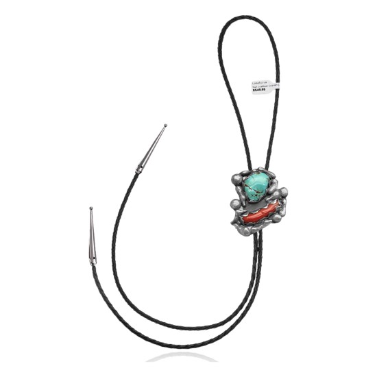 Handmade Certified Authentic Navajo .925 Sterling Silver Native American Natural Turquoise Coral Bolo Tie 34170