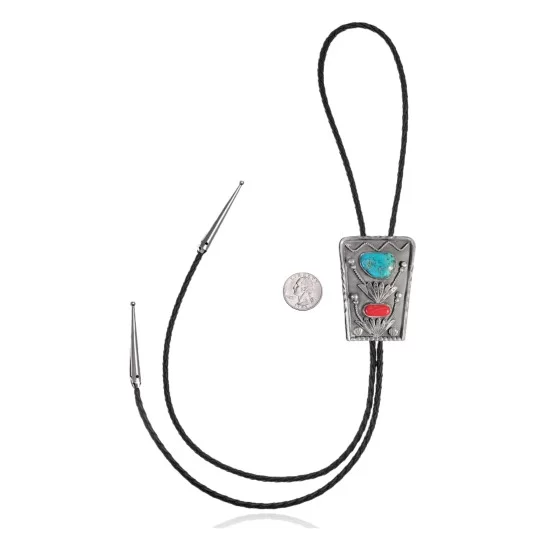 Handmade Certified Authentic Navajo .925 Sterling Silver Native American Natural Turquoise Coral Bolo Tie 34171