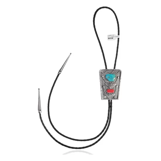 Handmade Certified Authentic Navajo .925 Sterling Silver Native American Natural Turquoise Coral Bolo Tie 34171