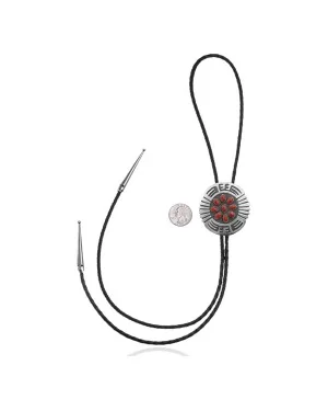 Handmade Certified Authentic Navajo .925 Sterling Silver Native American Coral Bolo Tie 34186