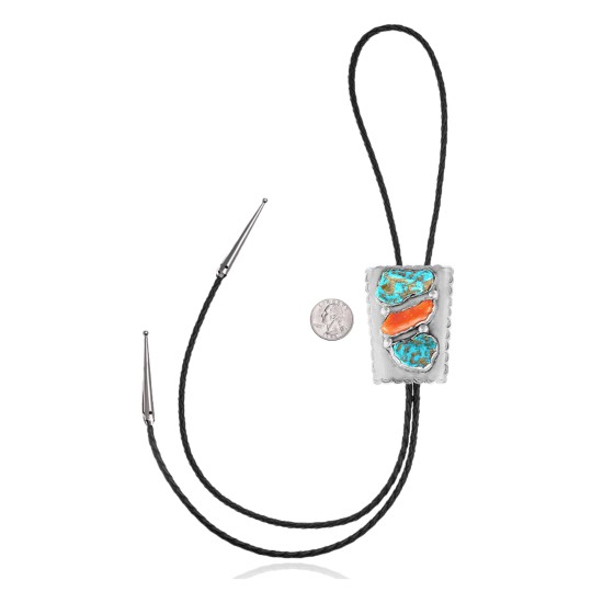 Handmade Certified Authentic Navajo .925 Sterling Silver Native American Natural Turquoise Coral Bolo Tie 34180