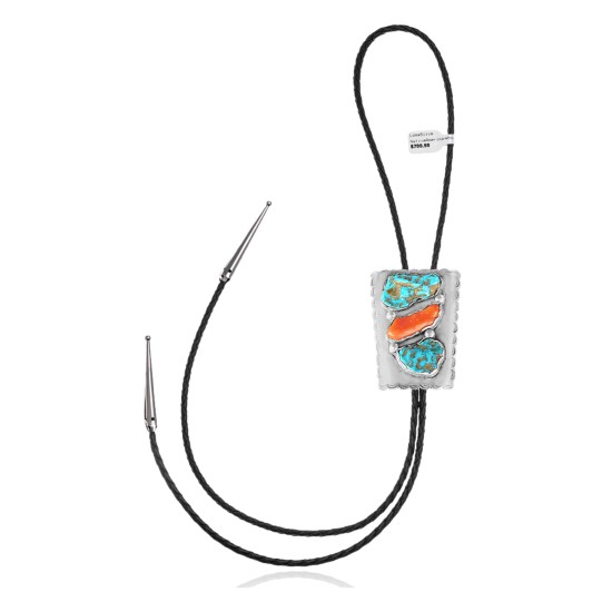Handmade Certified Authentic Navajo .925 Sterling Silver Native American Natural Turquoise Coral Bolo Tie 34180