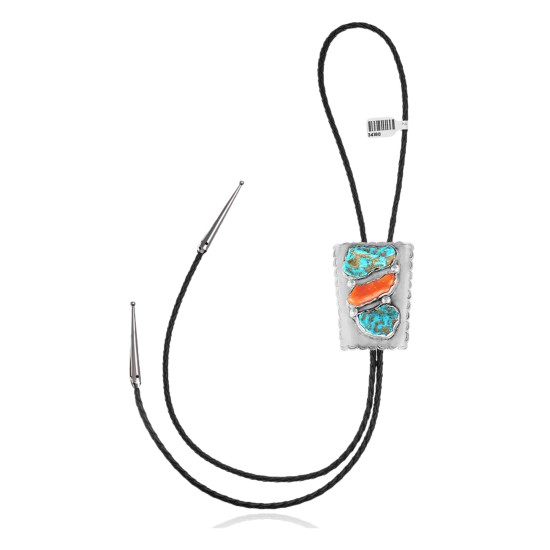 Handmade Certified Authentic Navajo .925 Sterling Silver Native American Natural Turquoise Coral Bolo Tie 34180