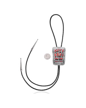 Handmade Certified Authentic Navajo .925 Sterling Silver Native American Coral Bolo Tie 34184
