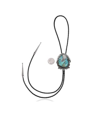 Feather .925 Sterling Silver Certified Authentic Handmade Navajo Native American Natural Turquoise Bolo Tie 34192