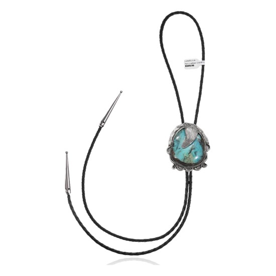 Feather .925 Sterling Silver Certified Authentic Handmade Navajo Native American Natural Turquoise Bolo Tie 34192