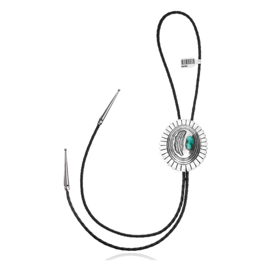 Feather .925 Sterling Silver Certified Authentic Handmade Navajo Native American Natural Turquoise Bolo Tie 34193