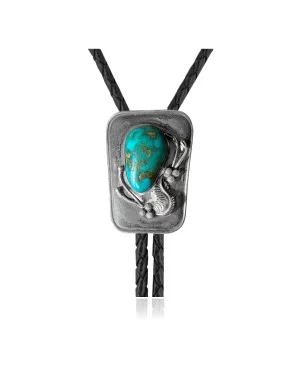 Feather .925 Sterling Silver Certified Authentic Handmade Navajo Native American Natural Turquoise Bolo Tie 34195