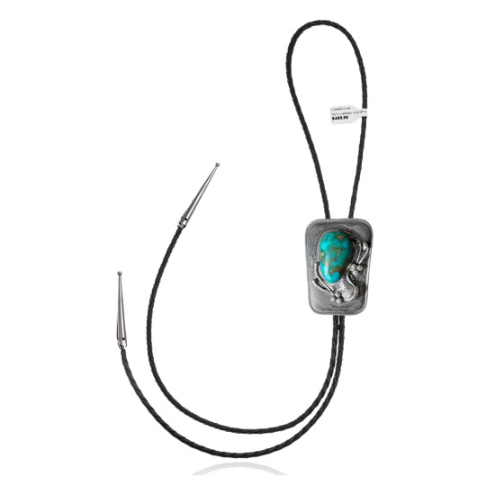 Feather .925 Sterling Silver Certified Authentic Handmade Navajo Native American Natural Turquoise Bolo Tie 34195