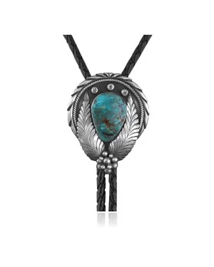 Feather .925 Sterling Silver Certified Authentic Handmade Navajo Native American Natural Turquoise Bolo Tie 34211