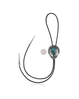 Feather .925 Sterling Silver Certified Authentic Handmade Navajo Native American Natural Turquoise Bolo Tie 34211
