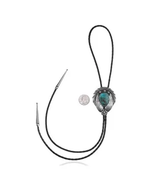 Feather .925 Sterling Silver Certified Authentic Handmade Navajo Native American Natural Turquoise Bolo Tie 34211