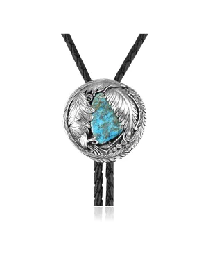 Feather .925 Sterling Silver Certified Authentic Handmade Navajo Native American Natural Turquoise Bolo Tie 34221
