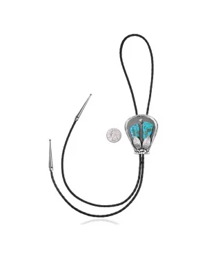 Feather .925 Sterling Silver Certified Authentic Handmade Navajo Native American Natural Turquoise Bolo Tie 34222