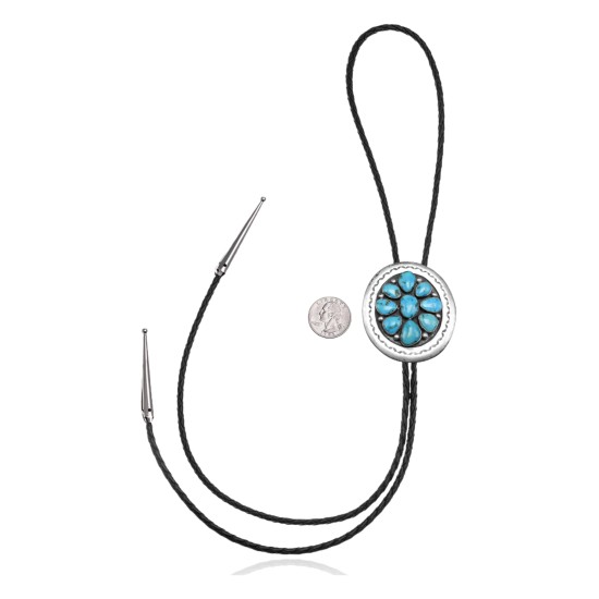 Wave .925 Sterling Silver Certified Authentic Handmade Navajo Native American Natural Turquoise Bolo Tie 34223