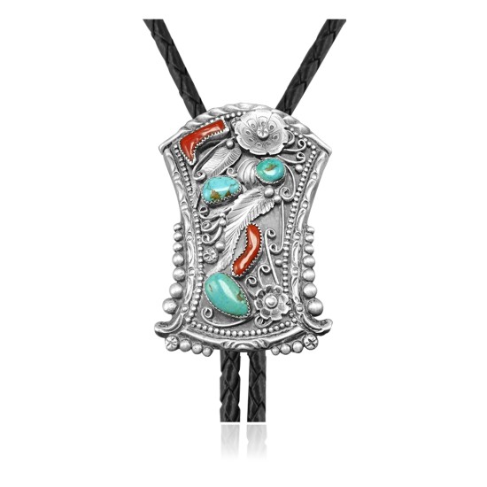 Feather .925 Sterling Silver Certified Authentic Handmade Navajo Native American Natural Turquoise Coral Bolo Tie 34245
